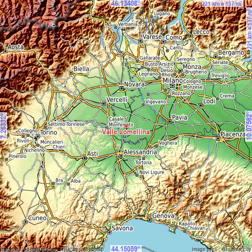 Topographic map of Valle Lomellina