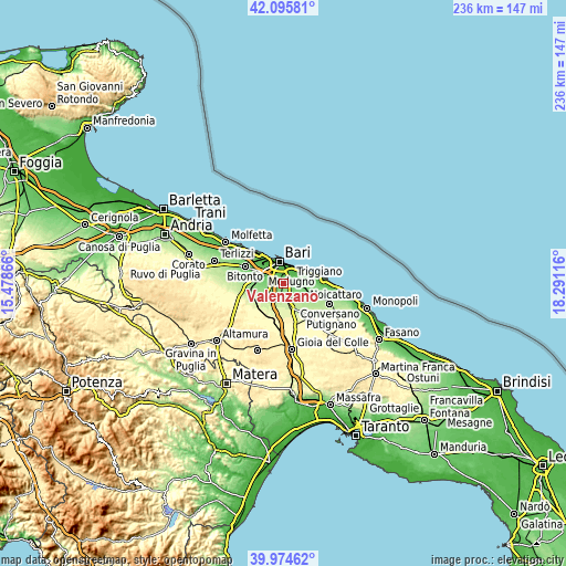 Topographic map of Valenzano