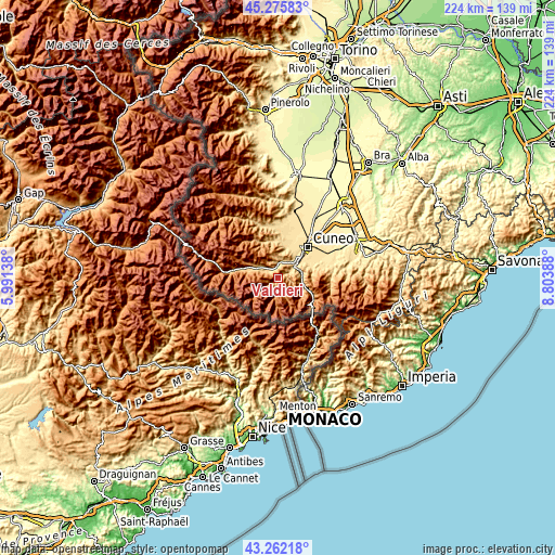 Topographic map of Valdieri