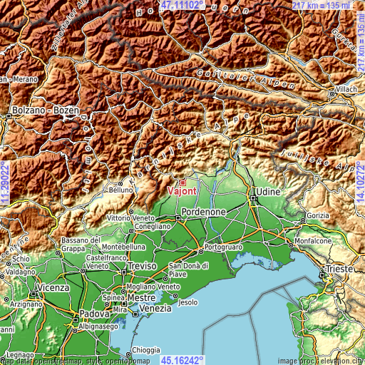 Topographic map of Vajont