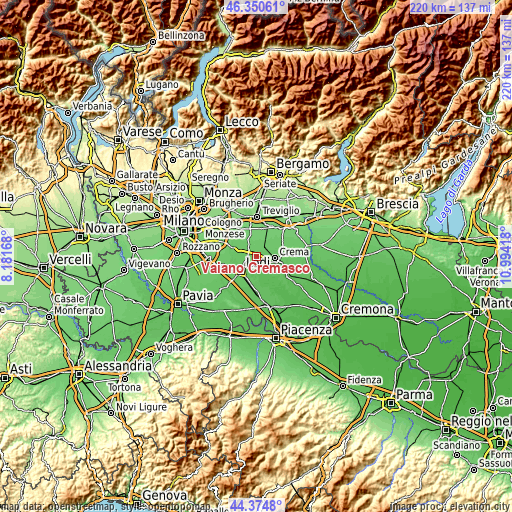 Topographic map of Vaiano Cremasco