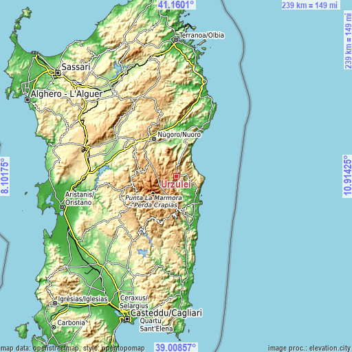 Topographic map of Urzulei