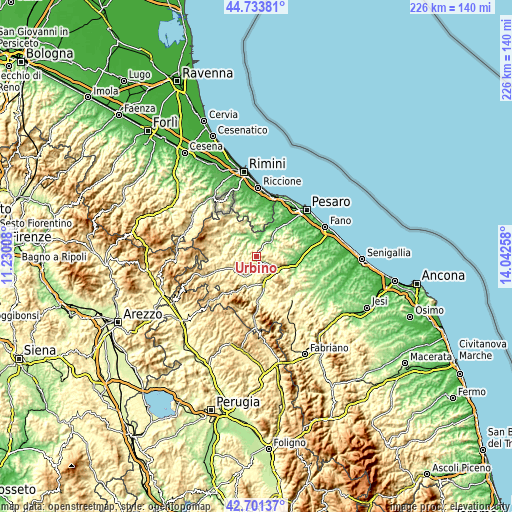 Topographic map of Urbino