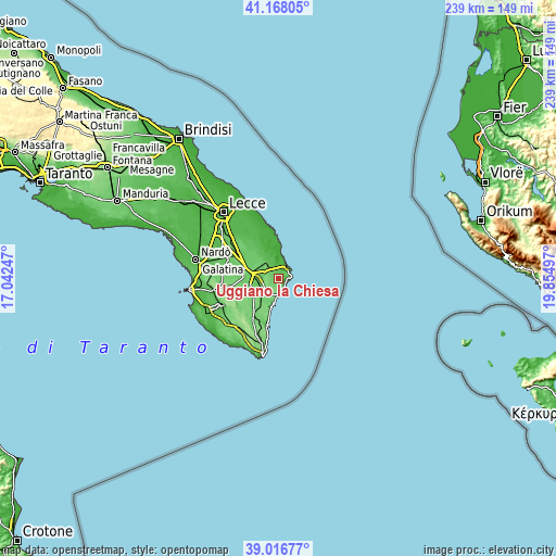 Topographic map of Uggiano la Chiesa