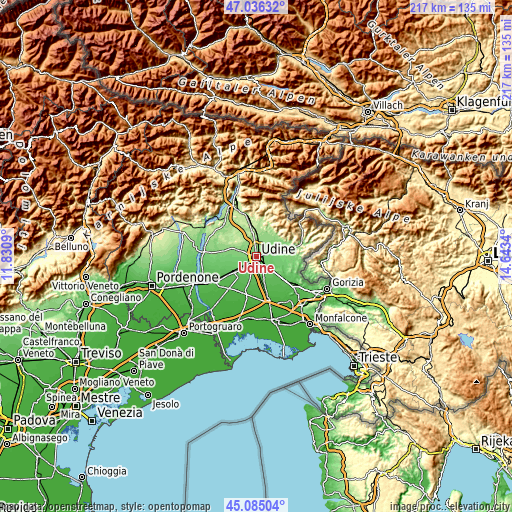 Topographic map of Udine