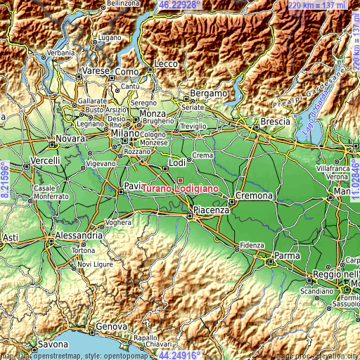 Topographic map of Turano Lodigiano