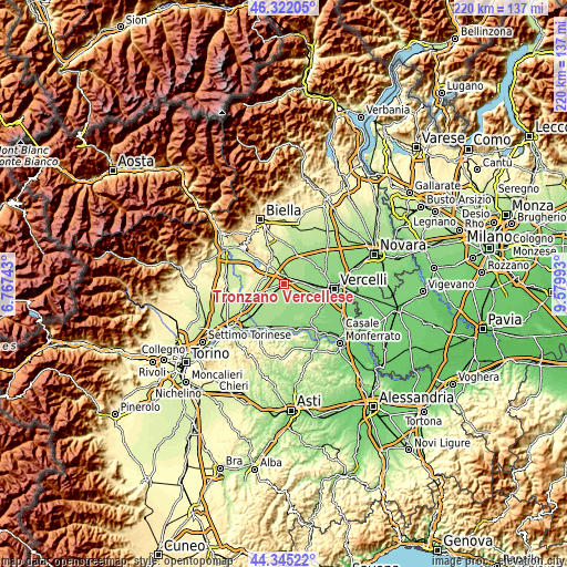 Topographic map of Tronzano Vercellese