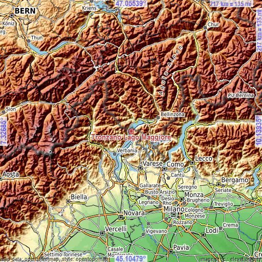 Topographic map of Tronzano Lago Maggiore