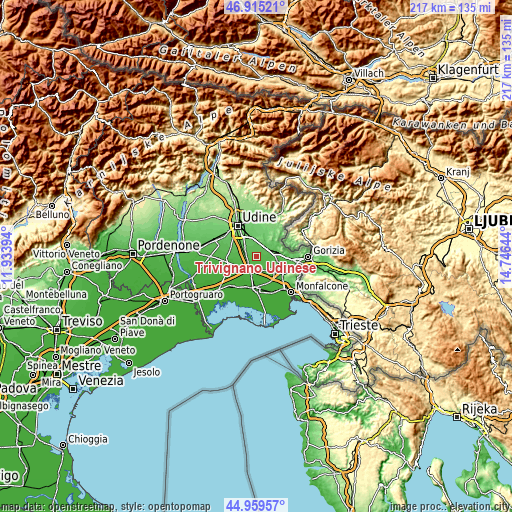 Topographic map of Trivignano Udinese