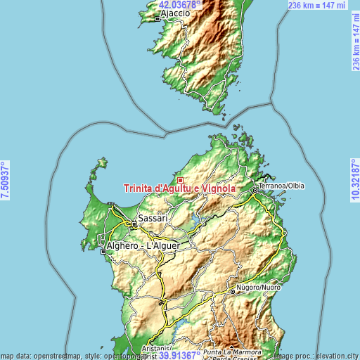 Topographic map of Trinità d'Agultu e Vignola