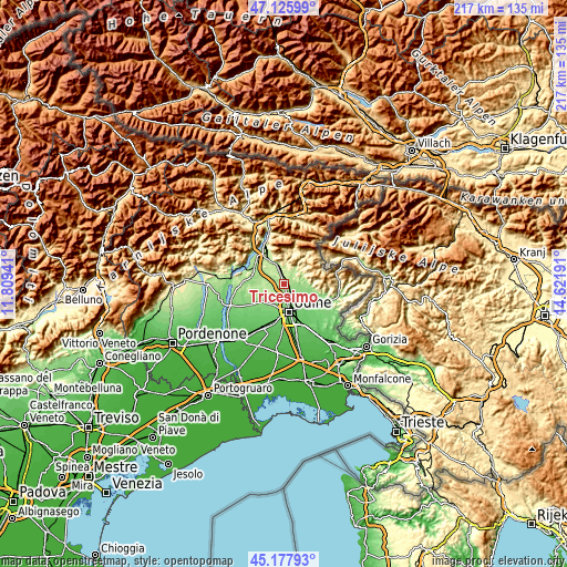 Topographic map of Tricesimo