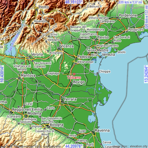 Topographic map of Tribano