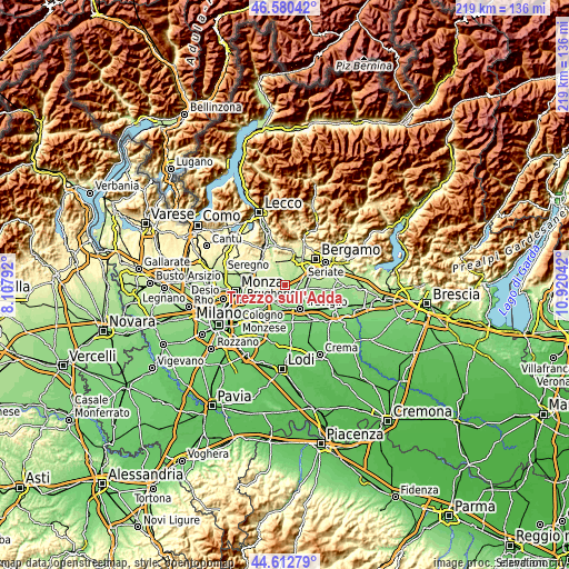 Topographic map of Trezzo sull'Adda