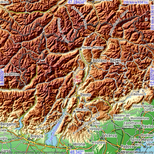 Topographic map of Tres