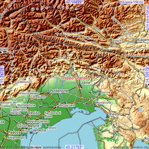 Topographic map of Treppo Grande