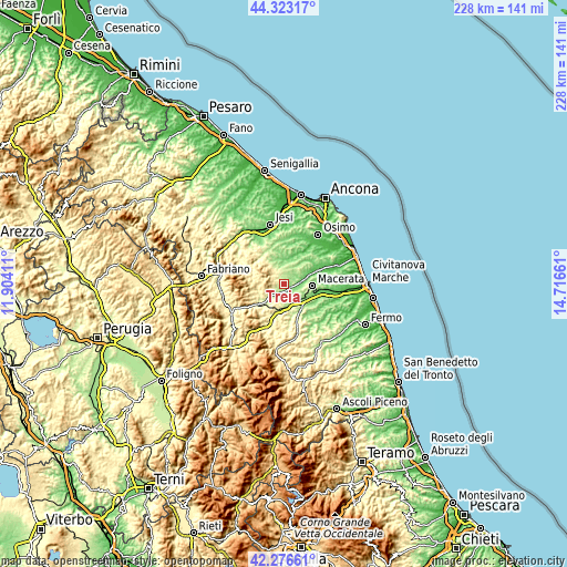 Topographic map of Treia