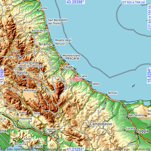 Topographic map of Treglio