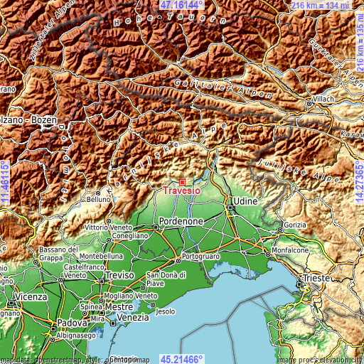 Topographic map of Travesio