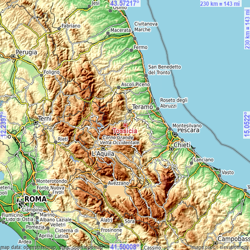 Topographic map of Tossicia