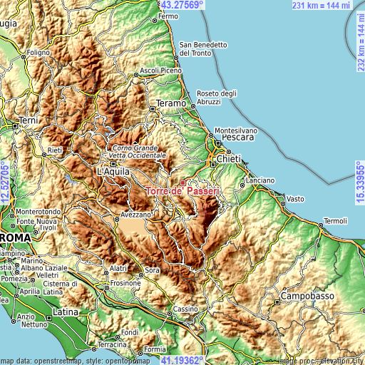 Topographic map of Torre de' Passeri