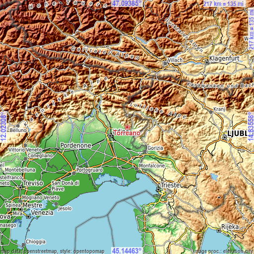 Topographic map of Torreano