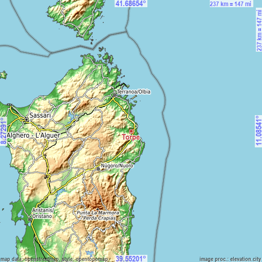 Topographic map of Torpè