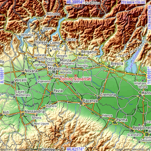 Topographic map of Torlino Vimercati