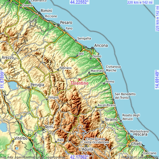 Topographic map of Tolentino