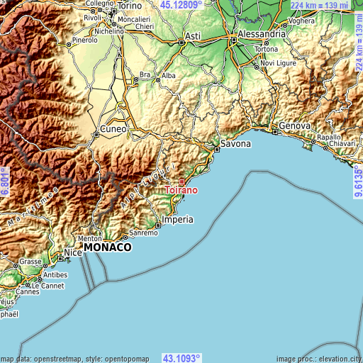 Topographic map of Toirano