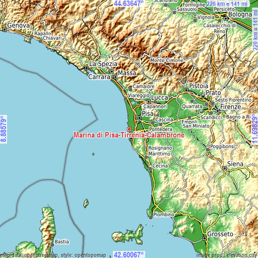 Topographic map of Marina di Pisa-Tirrenia-Calambrone
