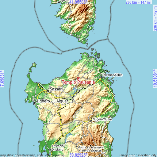 Topographic map of Tempio Pausania