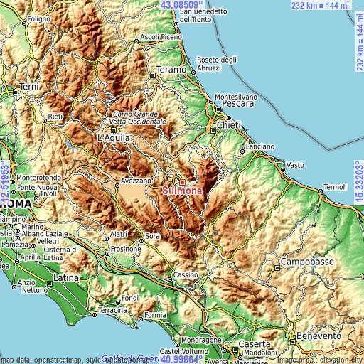 Topographic map of Sulmona