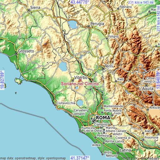 Topographic map of Soriano nel Cimino