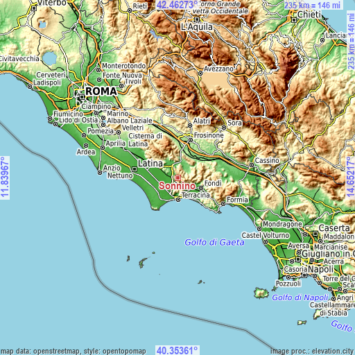 Topographic map of Sonnino