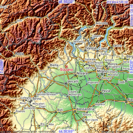 Topographic map of Sizzano