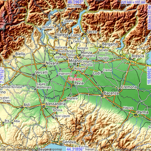 Topographic map of Siziano