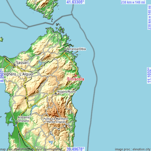 Topographic map of Siniscola