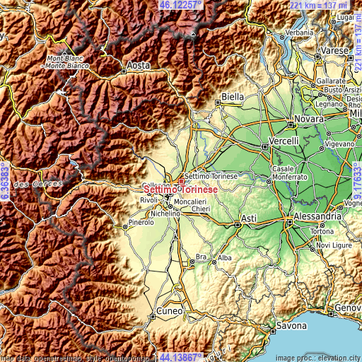 Topographic map of Settimo Torinese