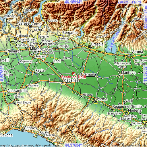 Topographic map of Sesto ed Uniti