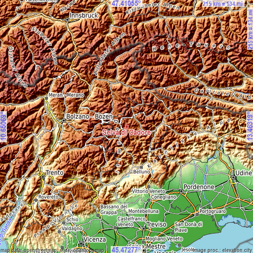 Topographic map of Selva di Cadore