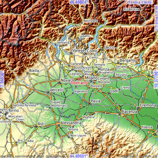 Topographic map of Sedriano