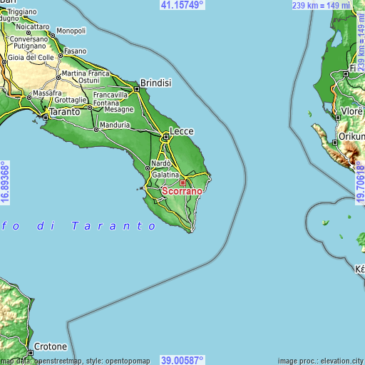 Topographic map of Scorrano