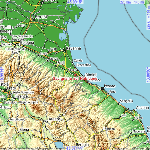 Topographic map of Savignano sul Rubicone