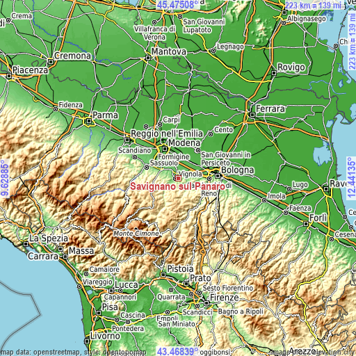 Topographic map of Savignano sul Panaro