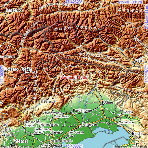 Topographic map of Sauris di Sotto