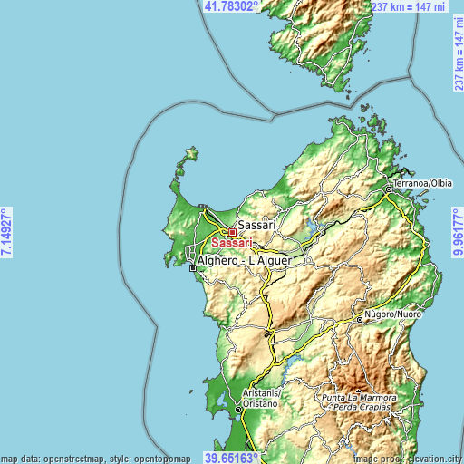 Topographic map of Sassari