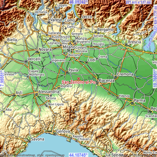 Topographic map of San Zenone al Po