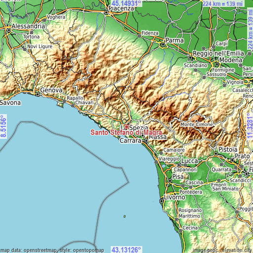Topographic map of Santo Stefano di Magra