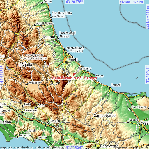 Topographic map of Sant'Eusanio del Sangro