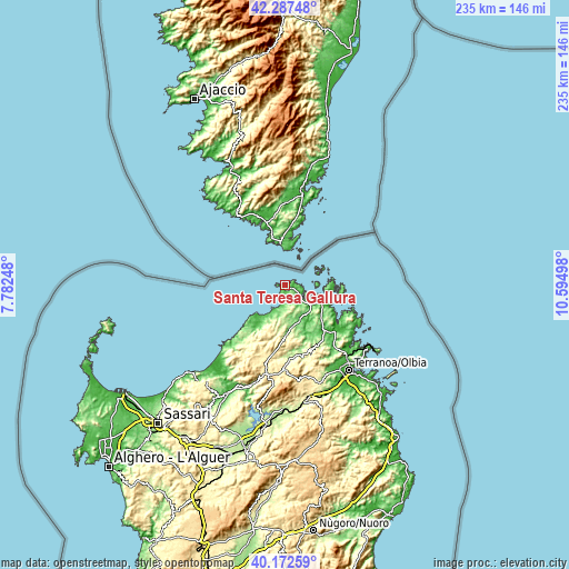 Topographic map of Santa Teresa Gallura